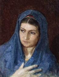 Савицкий Константин Аполлонович (1844-1905) , Голова женщины в синем платке , Государственная Третьяковская галерея , 1880-е  год  , холст на картоне, масло , 36,2 х 28,2 см