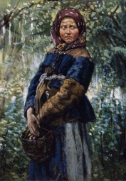 Савицкий Константин Аполлонович (1844-1905) , Крестьянка с корзинкой в лесу , Государственная Третьяковская галерея , 1894 год  , холст, масло , 37 х 25,5 см