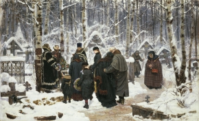 Савицкий Константин Аполлонович (1844-1905) , Панихида на кладбище на девятый день , Государственная Третьяковская галерея , 1895 год  , холст, масло