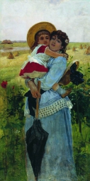 Савицкий Константин Аполлонович (1844-1905) , Портрет жены с сыном Георгием , Пензенская областная картинная галерея имени К.А. Савицкого  , 1899 год  , холст, масло , 175 х 88 см