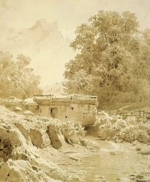 Васильев Фёдор Александрович (1850-1873) , Водяная мельница на горной речке , 1870-е гг год  , бумага на картоне, акварель