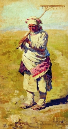 Виноградов Сергей Арсеньевич (1869-1938) , Крестьянка с граблями , 1891 год  , холст на картоне, масло