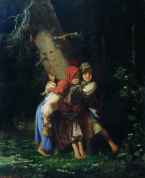Корзухин Алексей Иванович (1835-1894) , Крестьянские девочки в лесу , Пермская государственная художественная галерея  , 1878 год  , холст, масло , 43 х 36 см 