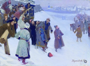 Кустодиев Борис Михайлович (1878-1927) , Кулачный бой на Москва-реке , Череповецкий художественный музей  , 1897 год  , холст, масло , 81 х 122 см
