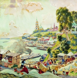 Кустодиев Борис Михайлович (1878-1927) , На Волге , Частное собрание , 1910 год  , картон, масло , 27 х 27 см