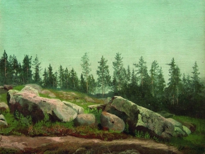 Мещерский Арсений Иванович (1834-1902) , Лесной пейзаж с валунами , Частное собрание , 1892 год  , бумага на картоне, масло , 33,8 x 45 см