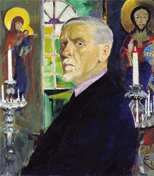 Малявин Филипп Андреевич (1869-1940) , Автопортрет с иконами , холст, масло