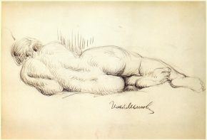Машков Илья Иванович (1881-1944) , Натурщица, лежащая спиной. Рисунок , 1910 год  , бумага, смешанная техника