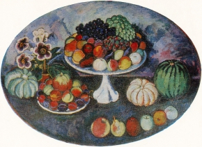 Машков Илья Иванович (1881-1944) , Овальный натюрморт с белой вазой и фруктами , 1920-е гг год  , холст, масло