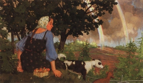 Сомов Константин Андреевич (1869-1939) , Девушка с грибами под радугой , 1922 год  , холст, масло
