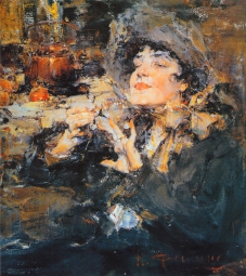 Фешин Николай Иванович (1881-1955) , Дама за маникюром (Портрет m-lle Жирмонд)  , Арт-фонд семьи Филатовых (ART RUSSE)  , 1917 год  , холст, масло
