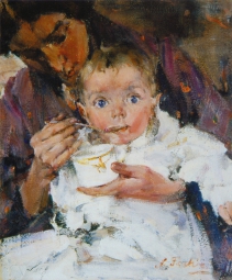 Фешин Николай Иванович (1881-1955) , Мать и дитя (Портрет А.Н. Фешиной с дочерью)  , 1914 год  , холст, масло