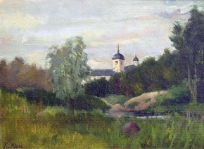Юон Константин Фёдорович (1875-1958) , Пейзаж с церковью , 1890 год  , картон, масло