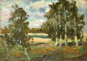 Юон Константин Фёдорович (1875-1958) , Пейзаж с берёзами , 1910 год  , холст на картоне, масло