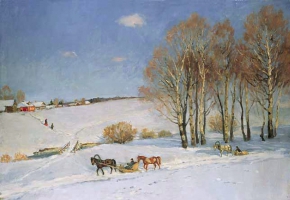 Юон Константин Фёдорович (1875-1958) , Зимний пейзаж с санями, запряжёнными лошадьми , 1915 год  , холст, масло , 63,5 х 88,5 см