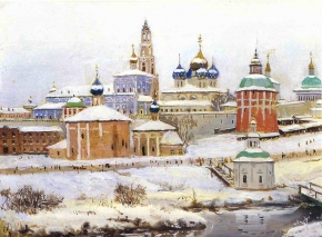 Юон Константин Фёдорович (1875-1958) , Троице-Сергиева Лавра зимой , 1920 год  , бумага, акварель, белила