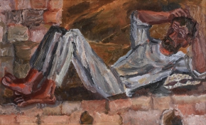 Андронов Николай Иванович (1929-1998) , Автопортрет. (На печке) , 1970 год  , холст, масло , 50 × 85 см