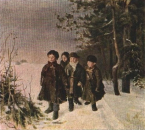 Рыбаков Гавриил Фёдорович (1859-?) , Возвращение из школы  , 1884 год  , картон, масло