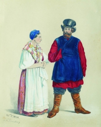 Тимм Василий Фёдорович (1820-1895) , Господский кучер с женой , 1860-е год  , бумага, акварель