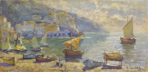 Горбатов Константин Иванович (1876-1945)  , Солнце над гаванью , Частное собрание , 1920-е год  , холст, масло , 15 x 31 см.