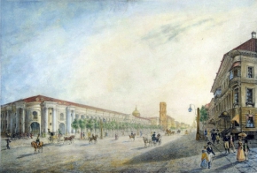 Беггров Карл Петрович (1799-1875) , Вид Невского проспекта у Гостиного двора , 1820-е год  , бумага, акварель