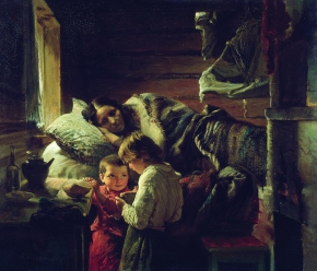 Корзухин Алексей Иванович (1835-1894) , У краюшки хлеба , Государственный Русский музей , 1890 год  , холст, масло