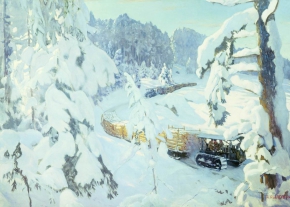 Рылов Аркадий Александрович (1870-1939) , Трактор на лесных работах , Государственная Третьяковская галерея , 1934 год  , холст, масло , 135 x 187 см