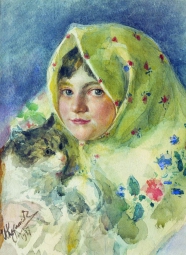 Куликов Иван Семёнович (1875-1941)  , Таня с кошкой , Частное собрание , 1927 год  , бумага, акварель